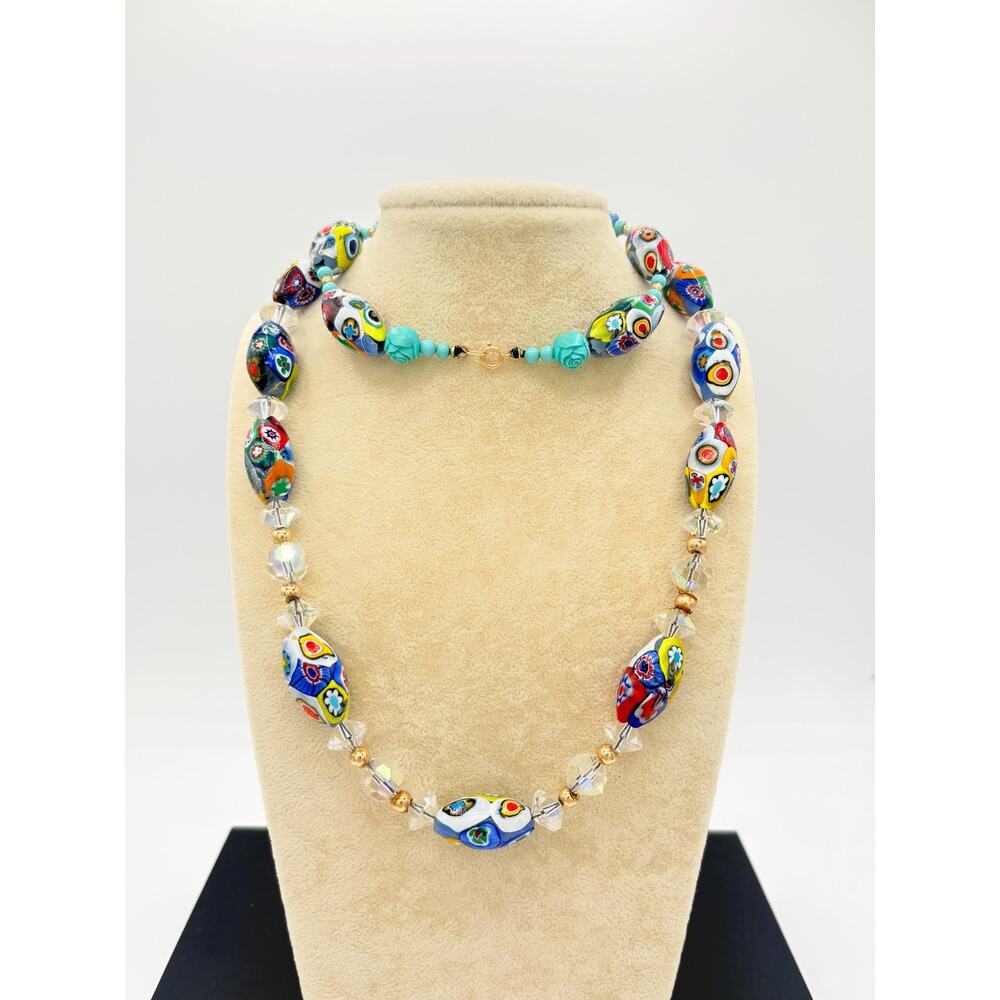 Authentic Murano Millefiori Glass Bead Necklace with Crystal & 14K Gold Accents